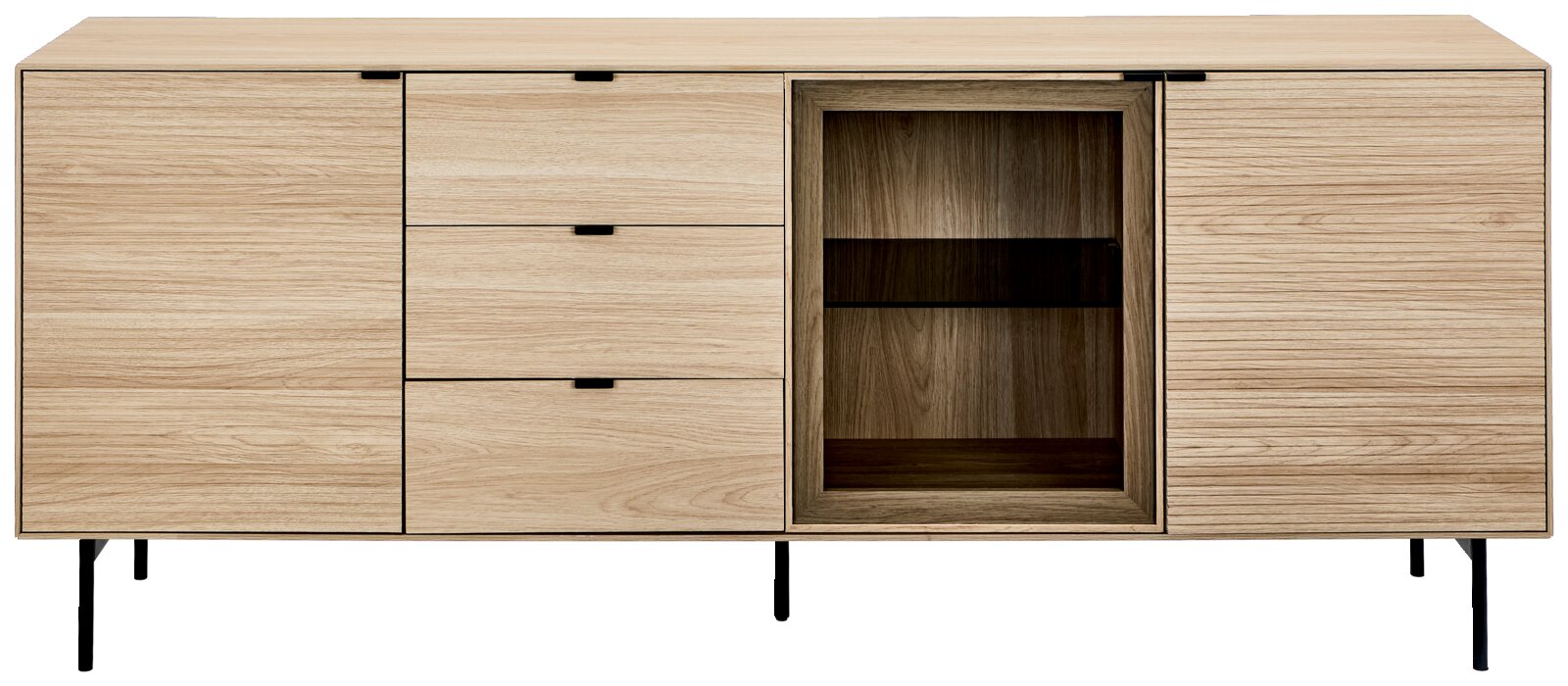 Modernes Sideboard aus hellem Holz mit zwei Türen, drei Schubladen und offenem Fach, schwarze Metallfüße, Frontansicht