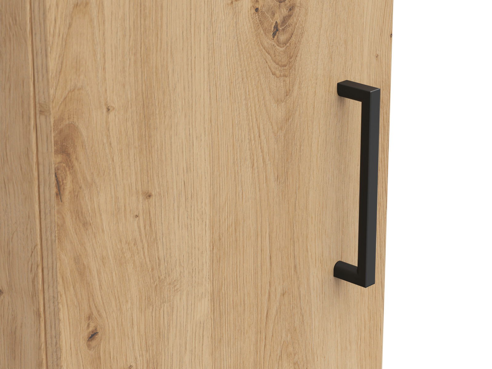 Nahaufnahme eines Mehrzweckschranks mit Holzmaserung und schwarzem Griff, seitliche Perspektive