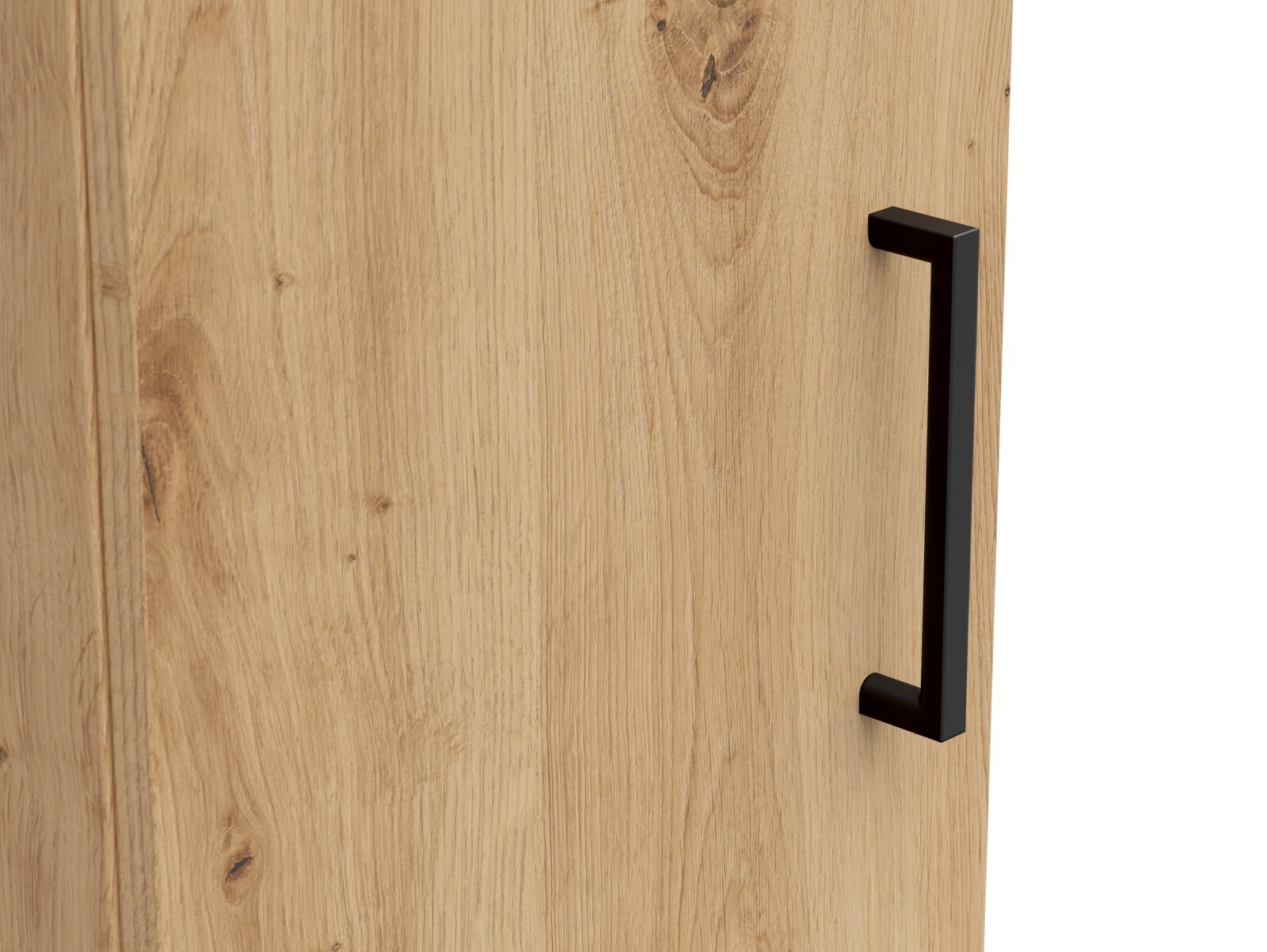 Nahaufnahme eines Mehrzweckschranks mit Holzmaserung und schwarzem Griff, seitliche Perspektive