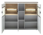 Highboard mit offenen Türen, Innenbeleuchtung und Holzrückwand, frontale Ansicht