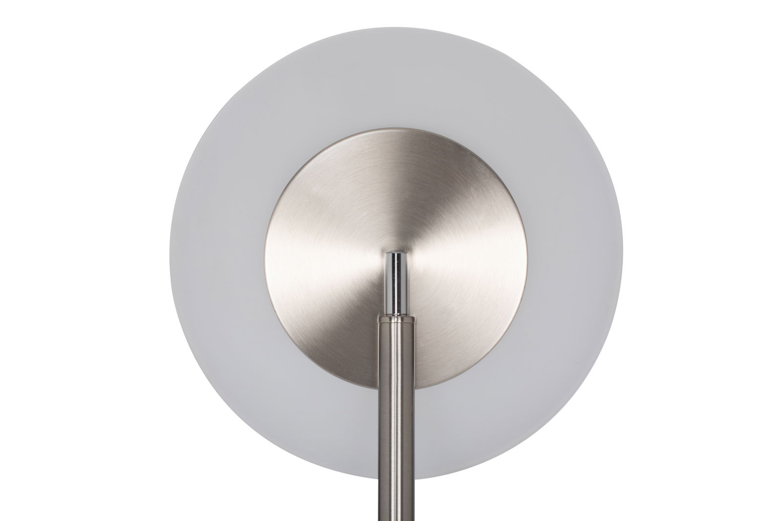 Nahaufnahme einer LED-Stehleuchte mit modernem, rundem Design und gebürstetem Metallfinish, von vorne betrachtet.