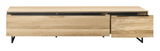 Frontansicht eines großen TV-Lowboards aus hellem Holz mit schwarzen Metallbeinen und zwei Schubladen.