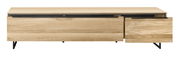 Frontansicht eines großen TV-Lowboards aus hellem Holz mit schwarzen Metallbeinen und zwei Schubladen.