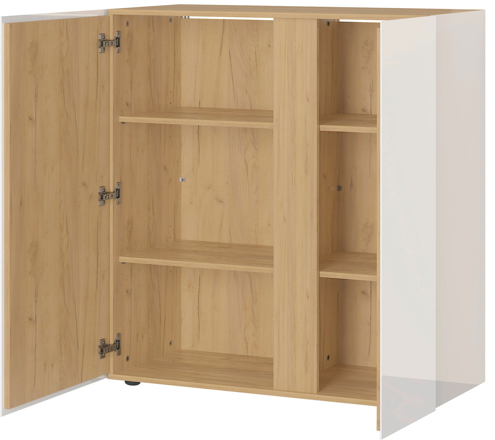 MID.YOU Kommode MESA Offene Kommode mit Holzeinlegeböden und weißer Außenseite, Perspektive von vorne links