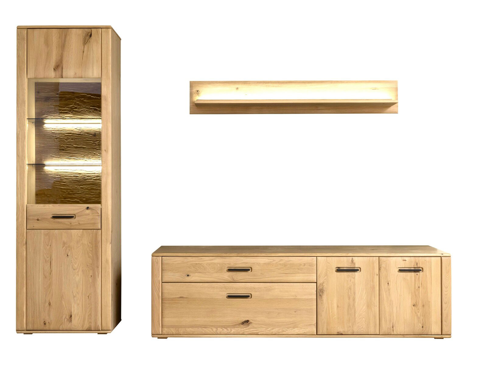 Cantus Wandkombination ASINARA Wandkombination aus Holz mit Vitrine, Regal und Unterschrank, frontal betrachtet