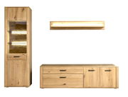 Wandkombination aus Holz mit Vitrine, Regal und Unterschrank, frontal betrachtet