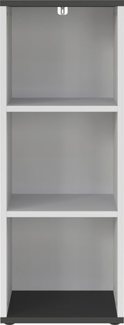 Frontale Ansicht eines schmalen Aktenregals mit drei offenen Fächern, ideal zur Aufbewahrung von Dokumenten.