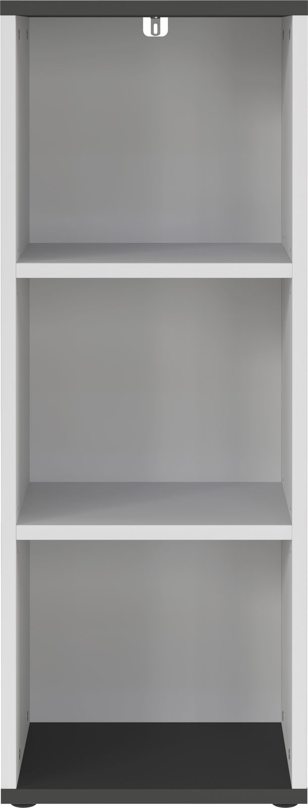 Frontale Ansicht eines schmalen Aktenregals mit drei offenen Fächern, ideal zur Aufbewahrung von Dokumenten.