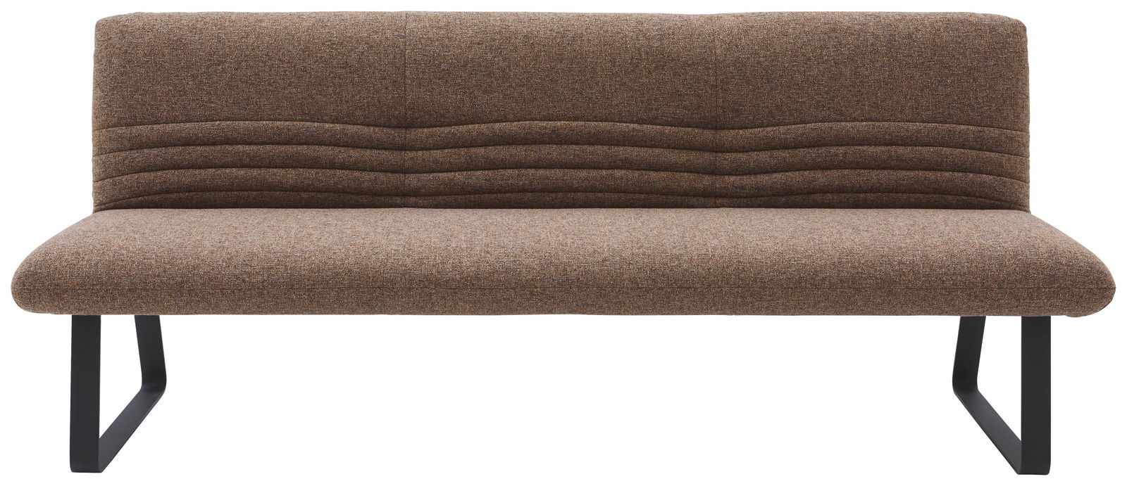 Frontale Ansicht einer modernen Sitzbank mit braunem Stoffbezug und schwarzen Metallbeinen.