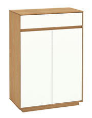 Kommode aus Holz mit weißer Front, seitliche Perspektive