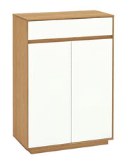Kommode aus Holz mit weißer Front, seitliche Perspektive