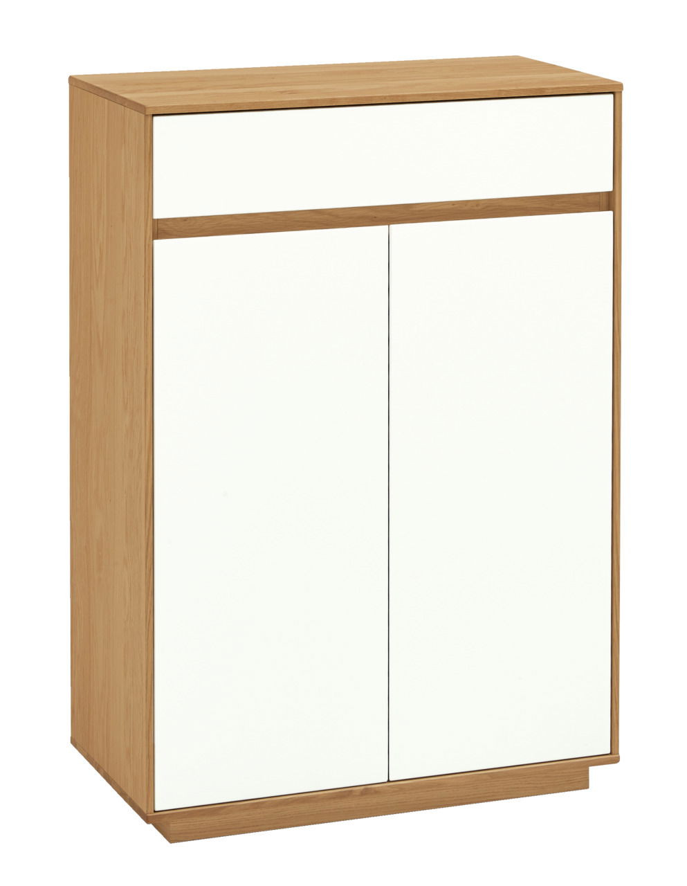 Kommode aus Holz mit weißer Front, seitliche Perspektive