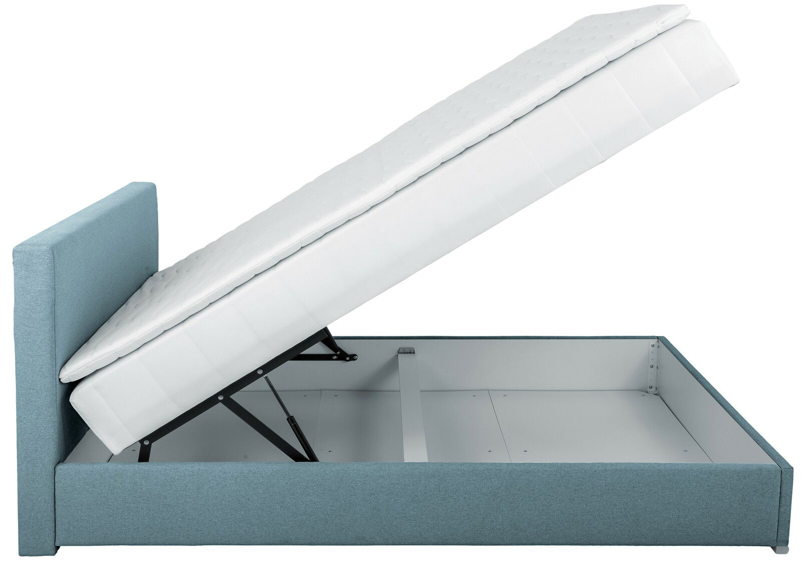 Seitliche Ansicht eines Boxspringbetts mit hochgeklappter Matratze und Stauraum darunter, blaues Polsterdesign.
