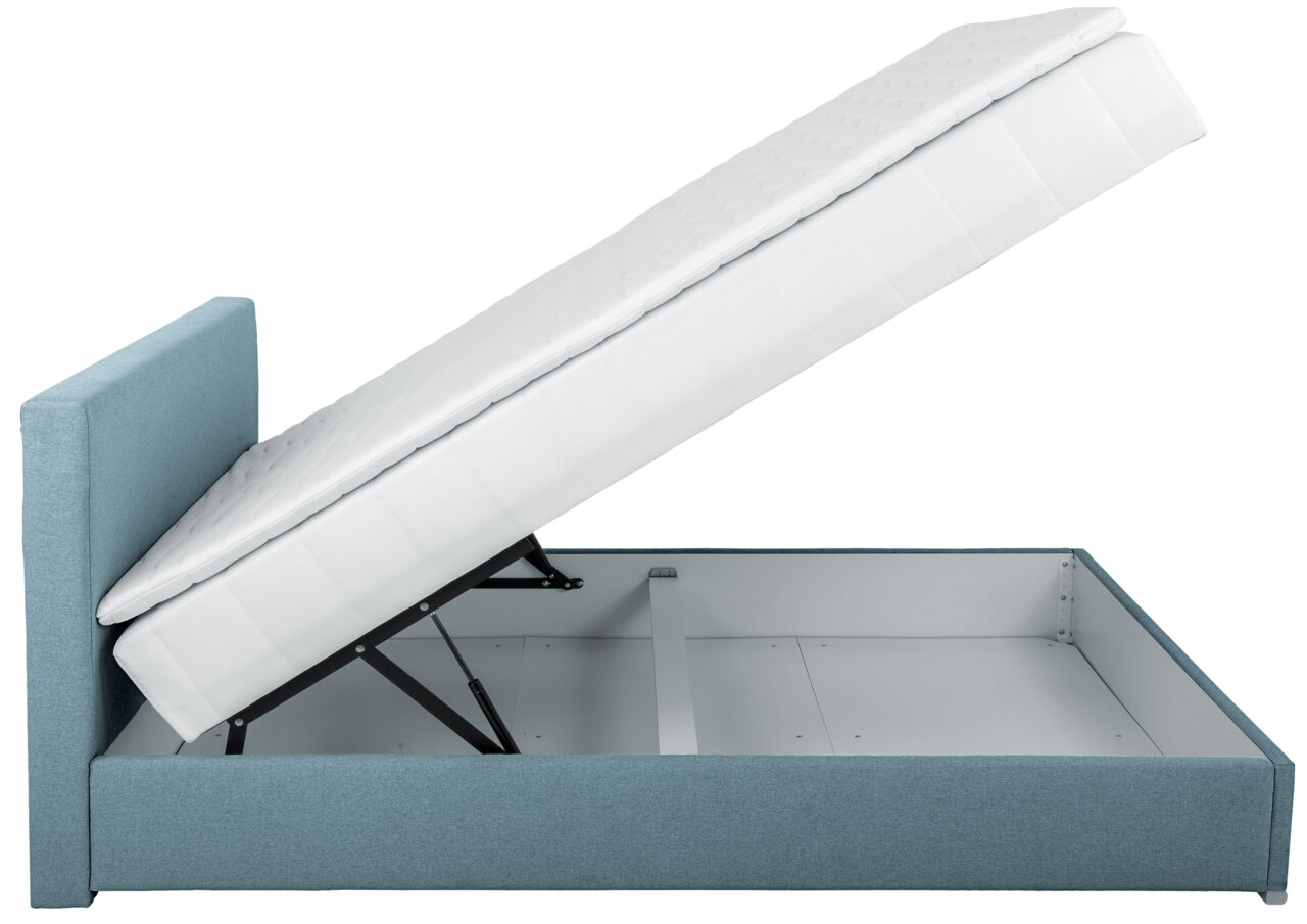Seitliche Ansicht eines Boxspringbetts mit hochgeklappter Matratze und Stauraum darunter, blaues Polsterdesign.