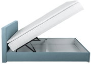 Seitliche Ansicht eines Boxspringbetts mit hochgeklappter Matratze und Stauraum darunter, blaues Polsterdesign.