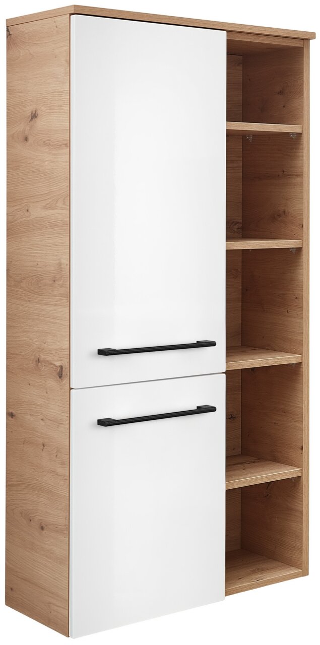 Sadena Midikast PLAKA Moderne middelhoge kast met wit hoogglans front en houtlook, opbergvakken aan de zijkanten, vooraanzicht
