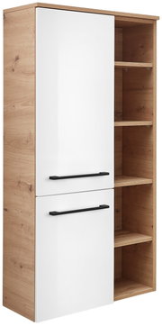 Moderne middelhoge kast met wit hoogglans front en houtlook, opbergvakken aan de zijkanten, vooraanzicht
