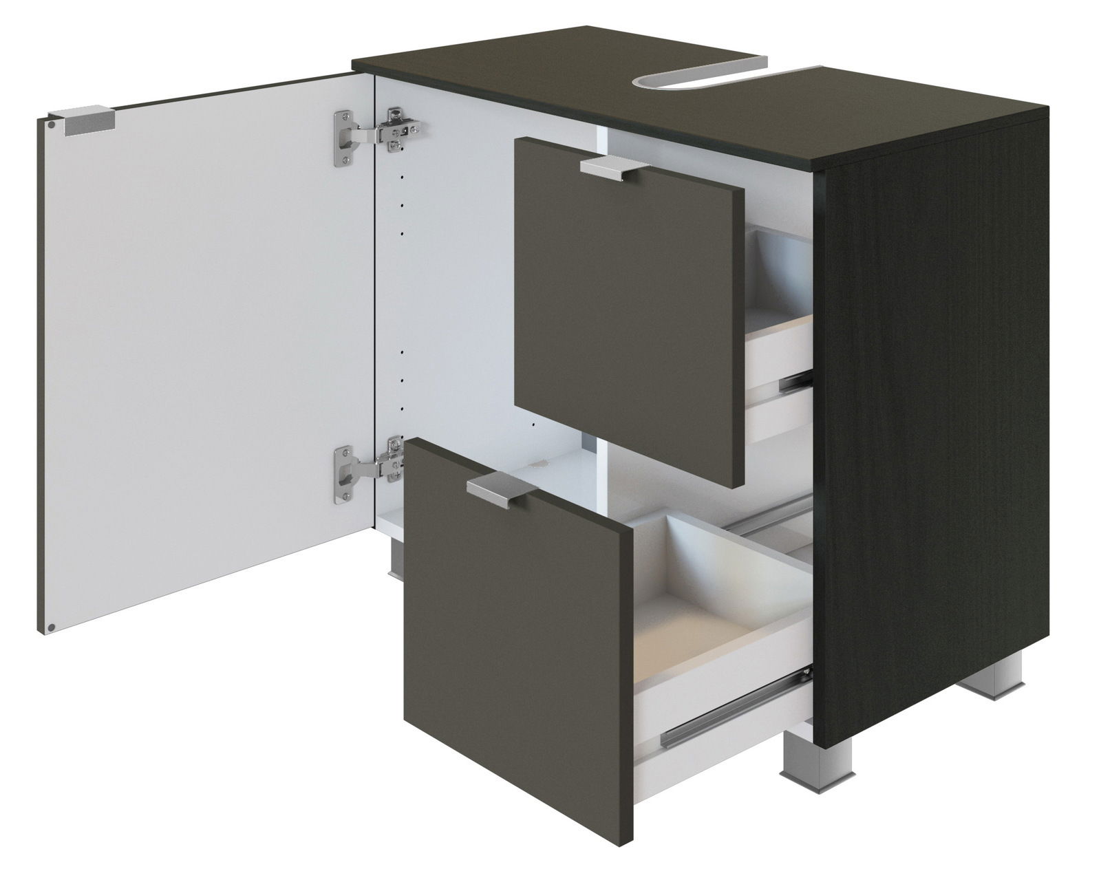 Moderner Waschbeckenunterschrank mit geöffneter Tür und Schubladen, Perspektive von vorne rechts