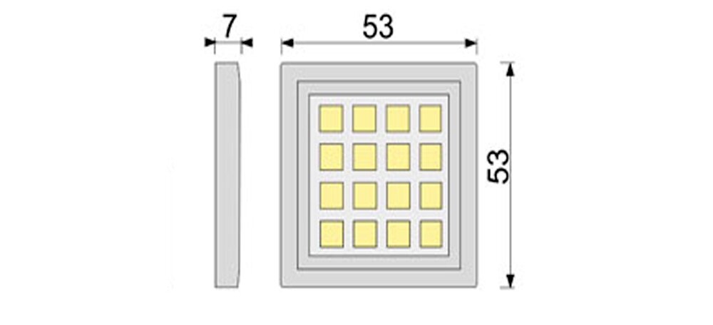 Quadratisches LED-Panel/Leuchte mit 16 gelben LED-Feldern, technische Zeichnung in Vorderansicht und Seitenansicht, Maße ca. 53×53 mm, Tiefe ca. 7 mm.