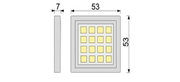 Quadratisches LED-Panel/Leuchte mit 16 gelben LED-Feldern, technische Zeichnung in Vorderansicht und Seitenansicht, Maße ca. 53×53 mm, Tiefe ca. 7 mm.