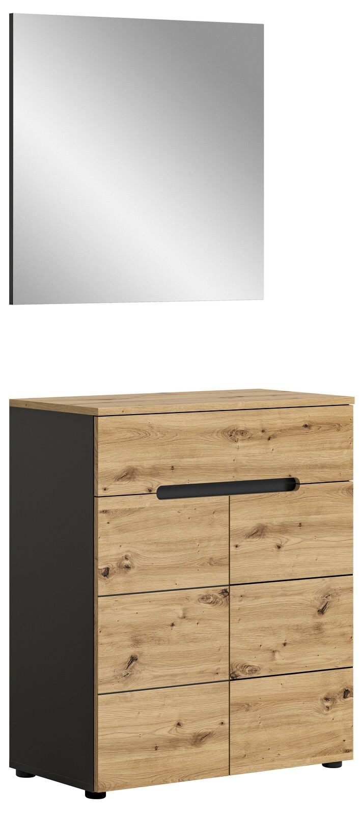 MID.YOU Garderobenkombination CANU Garderobenkombination mit Holzoptik und schwarzem Rahmen, bestehend aus einem Spiegel und einer Kommode mit mehreren Schubladen, frontale Perspektive
