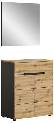 Garderobenkombination mit Holzoptik und schwarzem Rahmen, bestehend aus einem Spiegel und einer Kommode mit mehreren Schubladen, frontale Perspektive