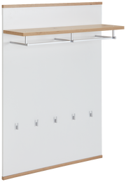 Garderobenpaneel mit Holzablage und fünf Haken, seitliche Perspektive