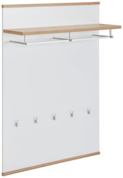 Garderobenpaneel mit Holzablage und fünf Haken, seitliche Perspektive