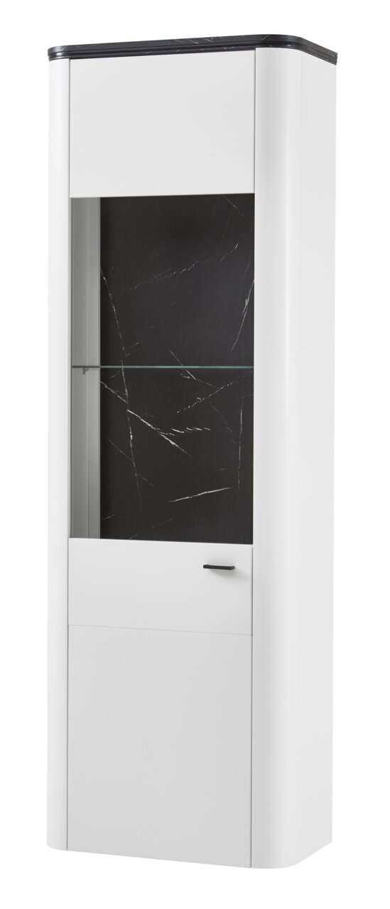 Zurbrüggen Vitrine WAVE Weiße Vitrine WAVE von Zurbrüggen mit schwarzer Rückwand und Glaseinlage, seitliche Perspektive