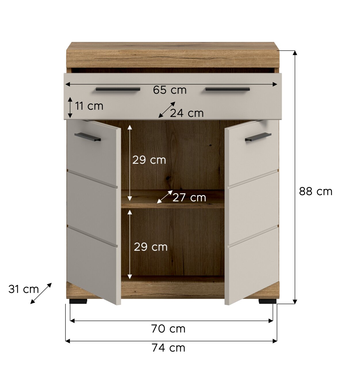 Badezimmer-Unterschrank in Holzoptik mit weißen Fronten und schwarzen Griffen, zwei Türen geöffnet, Innenfach mit Einlegeboden; Maßgrafik mit Breite 74 cm und Höhe 88 cm, Frontansicht.