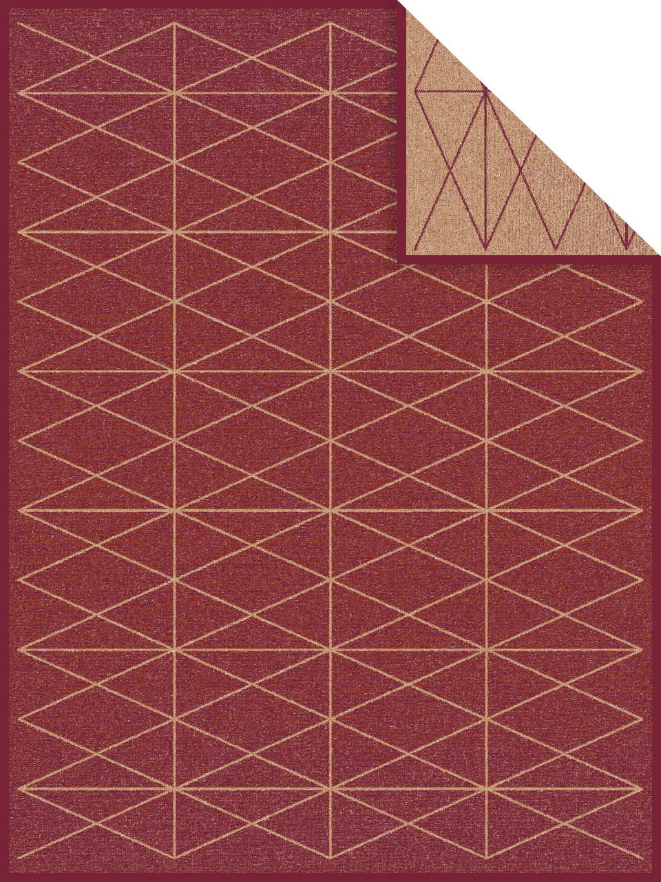Rote Jacquard-Decke mit geometrischem Muster, Vorder- und Rückseite sichtbar
