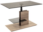 Moderne salontafel met glazen blad en houten details, zijaanzicht