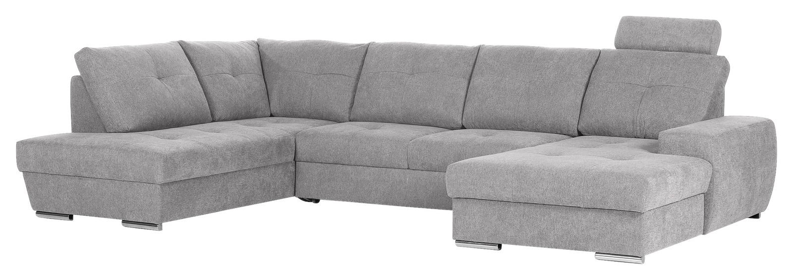 Graues Ecksofa mit Ottomane, Ansicht von schräg vorne.