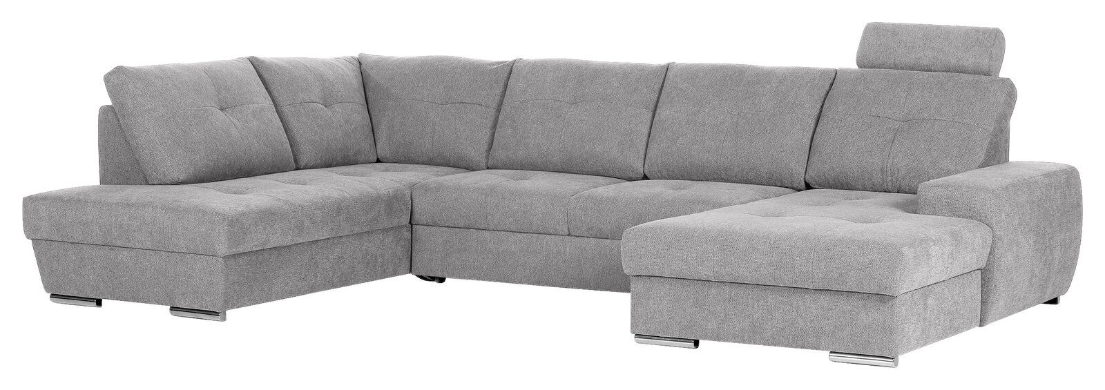 Graues Ecksofa mit Ottomane, Ansicht von schräg vorne.