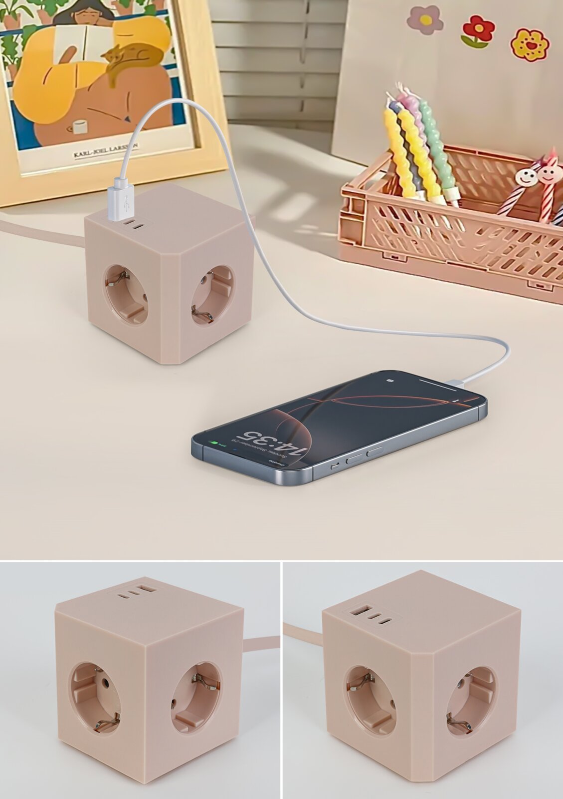Stekkerblok met meerdere stopcontacten en USB-aansluitingen, beige, op een bureau geplaatst, met een aangesloten smartphone. Aanzicht van bovenaf en van opzij.