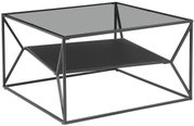 Moderne bijzettafel met glazen blad en zwart metalen onderstel, zijaanzicht