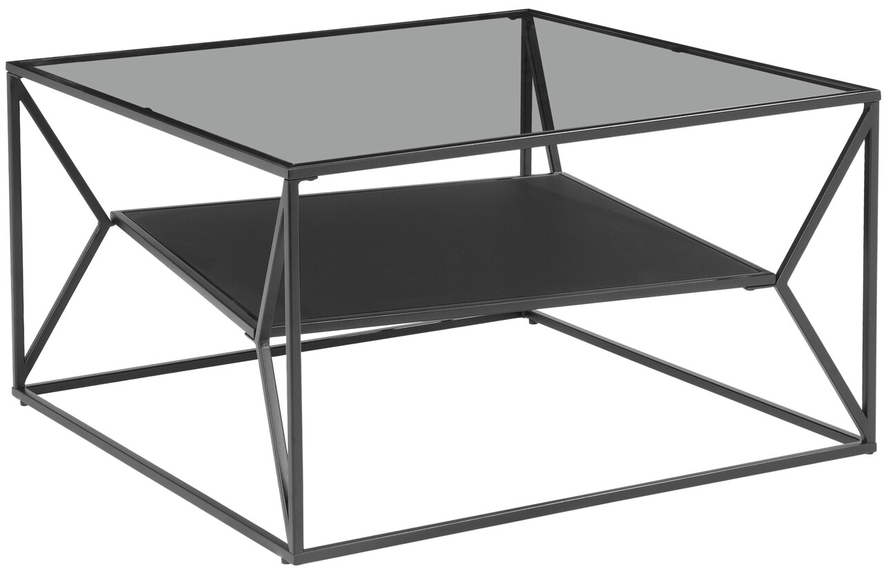 Moderne bijzettafel met glazen blad en zwart metalen onderstel, zijaanzicht