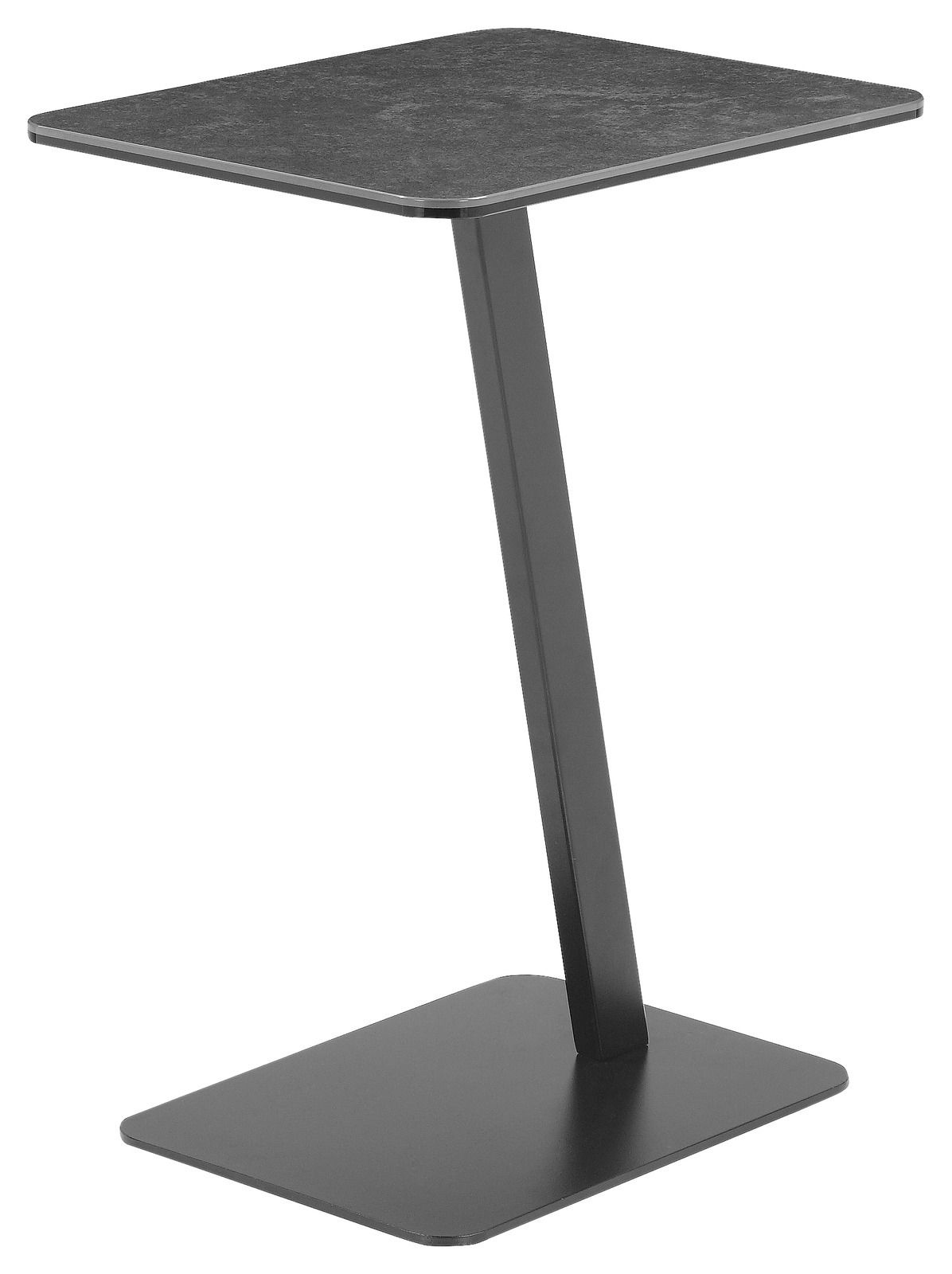 Moderner Beistelltisch mit schwarzer Metallstruktur, seitliche Perspektive