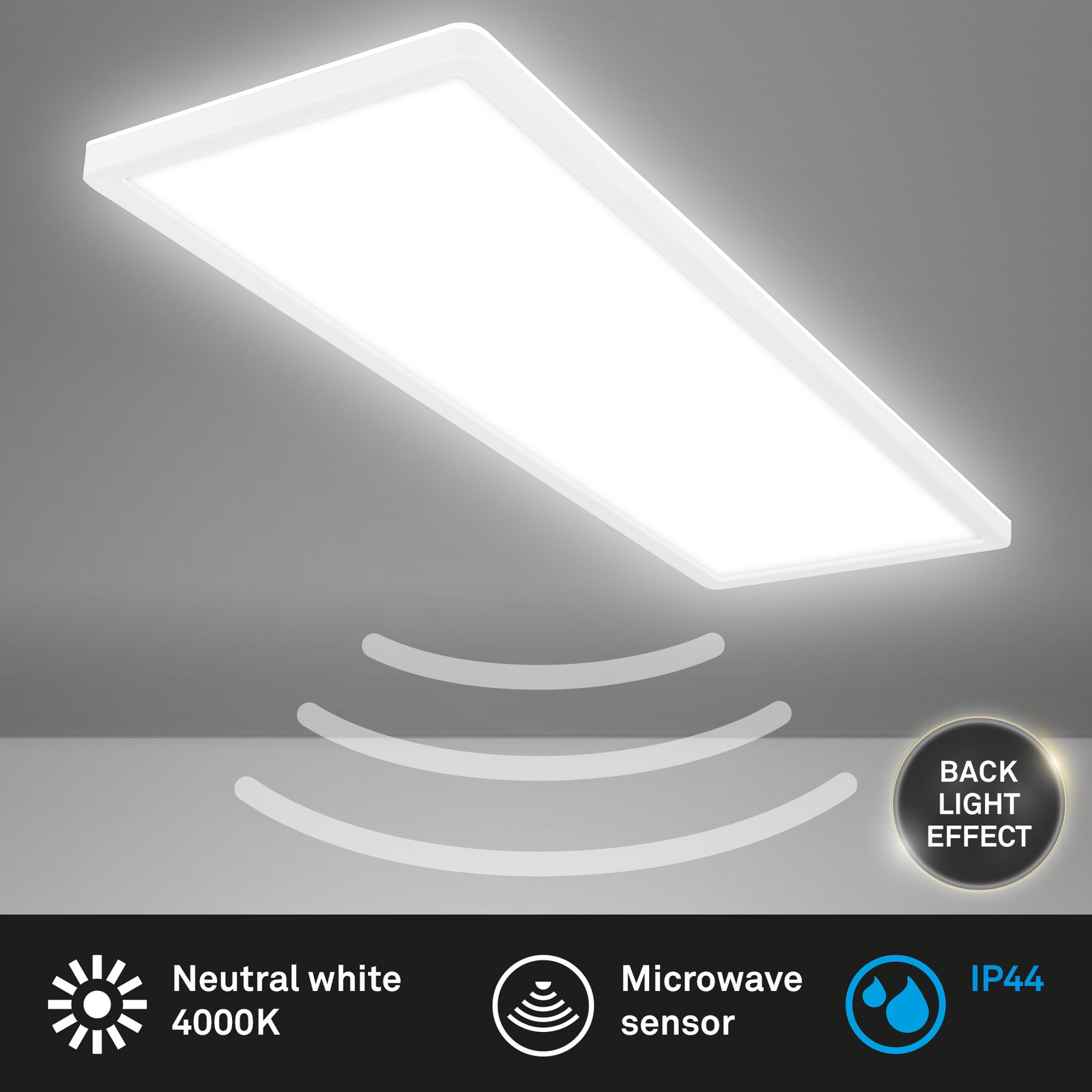 Rechteckige LED-Deckenleuchte mit Bewegungssensor, neutralweißem Licht 4000K, IP44-Schutz und Rücklichteffekt, von unten betrachtet.