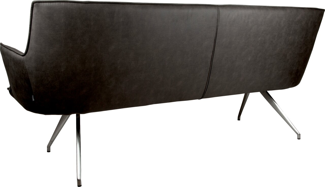 Rückansicht eines modernen 2-Sitzer-Sofas in dunkelgrauem Lederlook mit hoher Rückenlehne und schlanken Metallfüßen, freigestellt auf weißem Hintergrund
