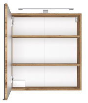 Offener Spiegelschrank aus Holz mit zwei Regalböden und integrierter Beleuchtung, Frontansicht