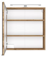 Offener Spiegelschrank aus Holz mit zwei Regalböden und integrierter Beleuchtung, Frontansicht