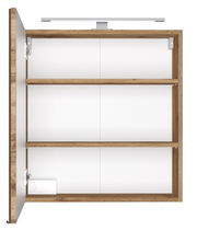 Offener Spiegelschrank aus Holz mit zwei Regalböden und integrierter Beleuchtung, Frontansicht