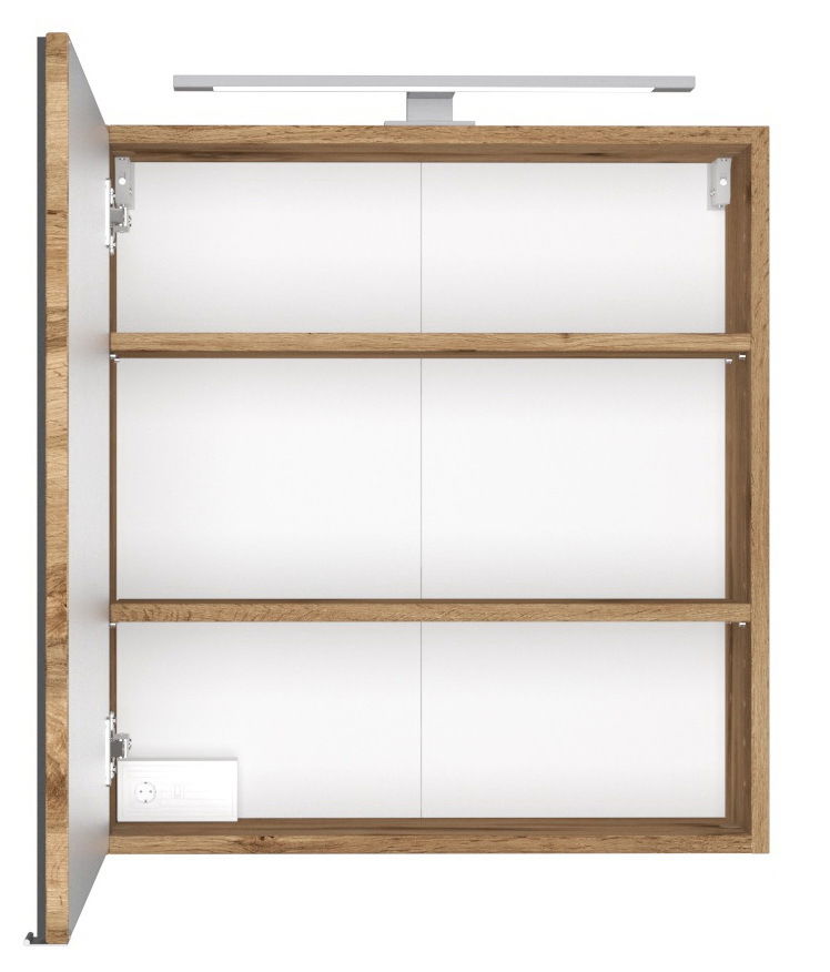 Offener Spiegelschrank aus Holz mit zwei Regalböden und integrierter Beleuchtung, Frontansicht