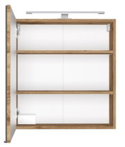 Offener Spiegelschrank aus Holz mit zwei Regalböden und integrierter Beleuchtung, Frontansicht
