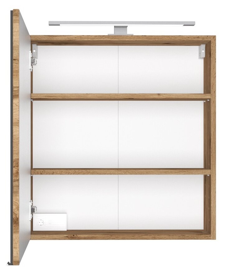 Offener Spiegelschrank aus Holz mit zwei Regalböden und integrierter Beleuchtung, Frontansicht