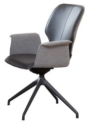 Moderner Armlehnstuhl mit grauem Stoffbezug und schwarzem Leder, seitliche Perspektive