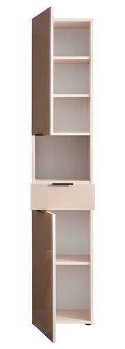 Hochschrank mit zwei offenen Türen und einer Schublade, frontal betrachtet