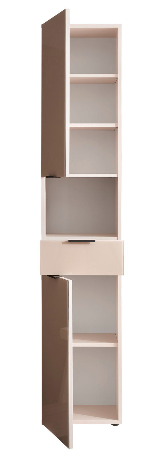 Hochschrank mit zwei offenen Türen und einer Schublade, frontal betrachtet