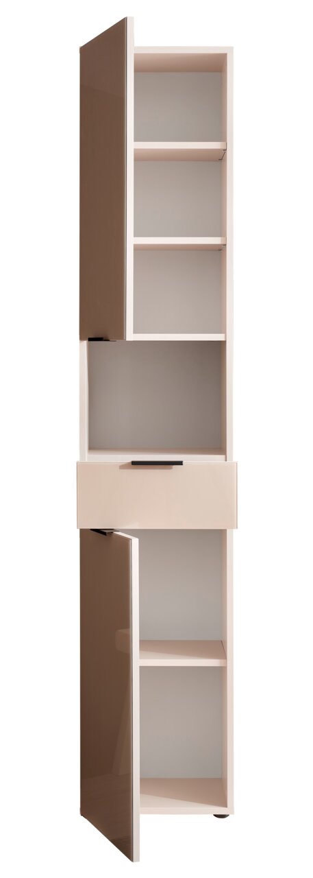 Hochschrank mit zwei offenen Türen und einer Schublade, frontal betrachtet